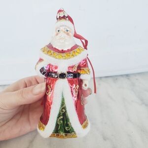 Shelf Gumps Poinsettia Bell Santa Ornament Blown Glass 7" Red Gold